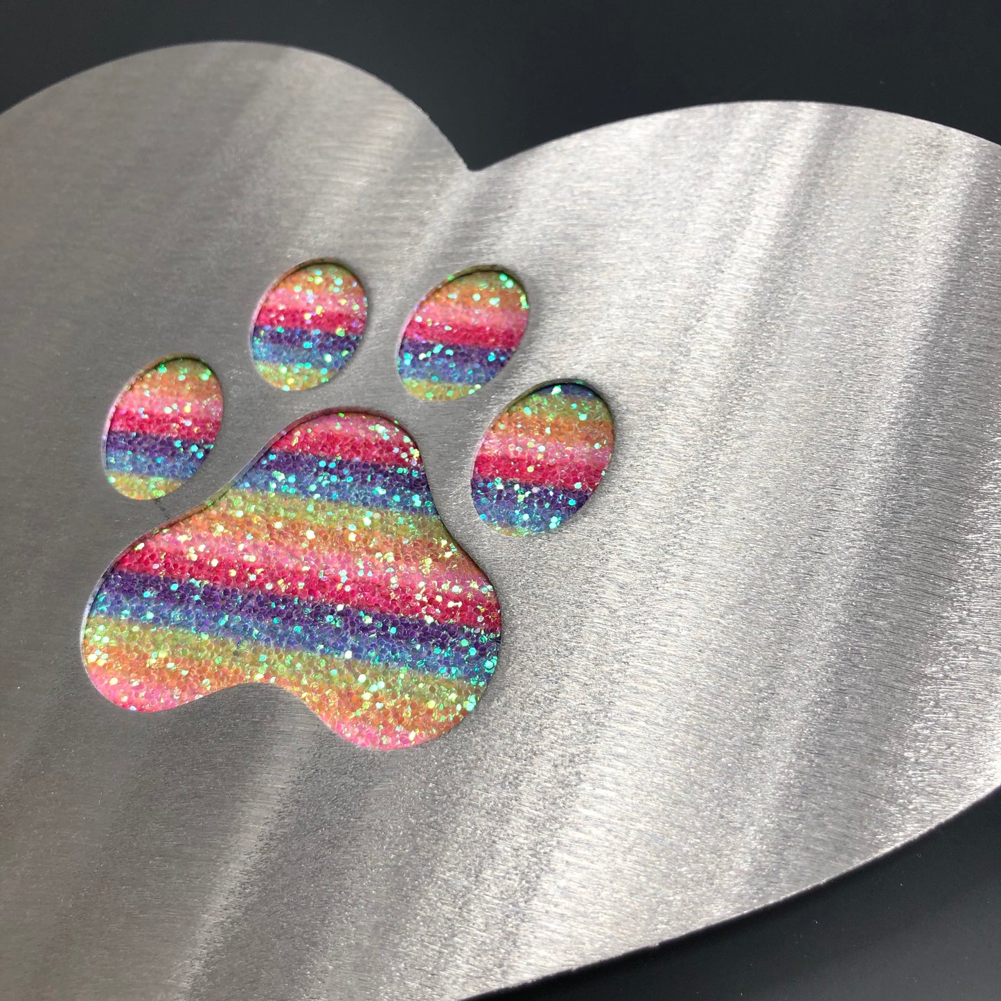 Love Heart Paw Print, Silver & Rainbow